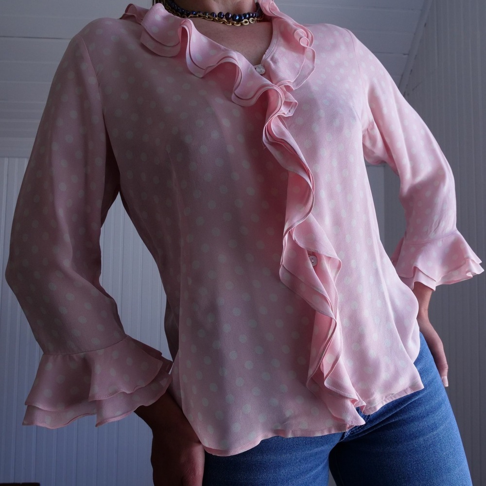 Sweet y2k silk polkadot ruffle blouse
